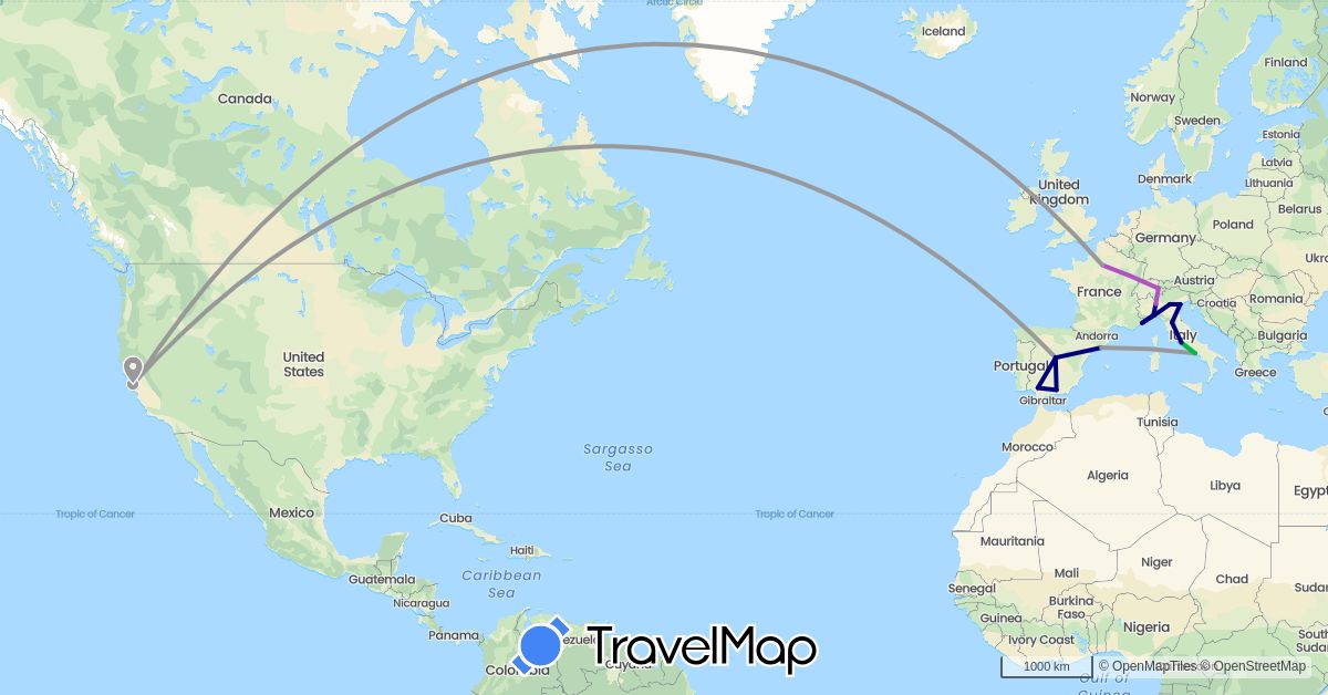 TravelMap itinerary: driving, bus, plane, train in Switzerland, Spain, France, Italy, Monaco, United States (Europe, North America)
